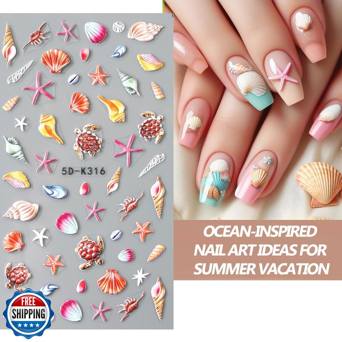 2pcs Summer Nail Stickers Starfish Seashell Turtle 5D Acrylic Engraved Nail D