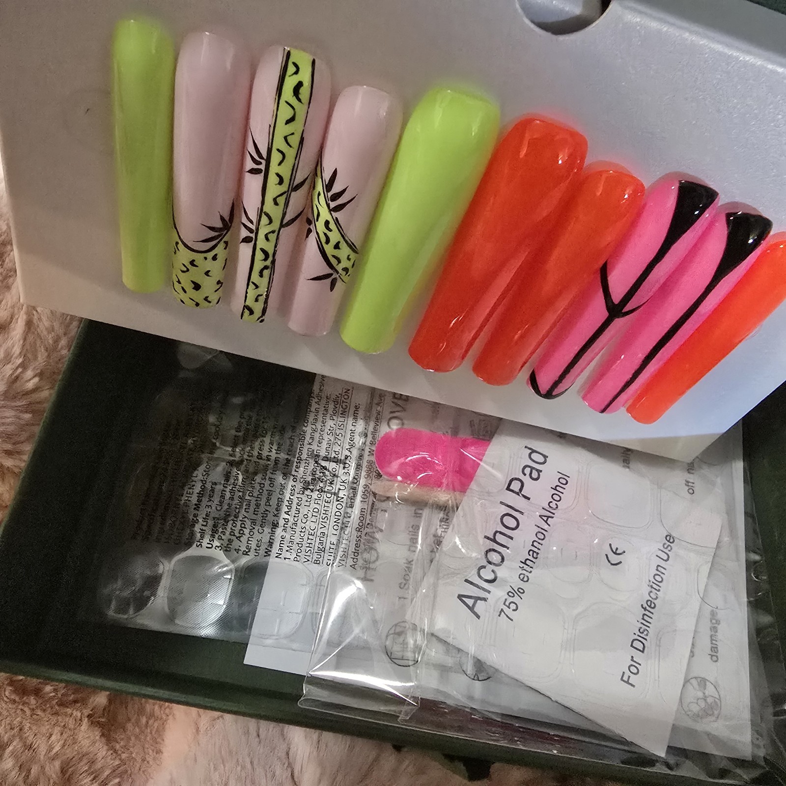 Press On Nails Long Square Neon Pink Orange Green Abstract Art Handmade Set Size