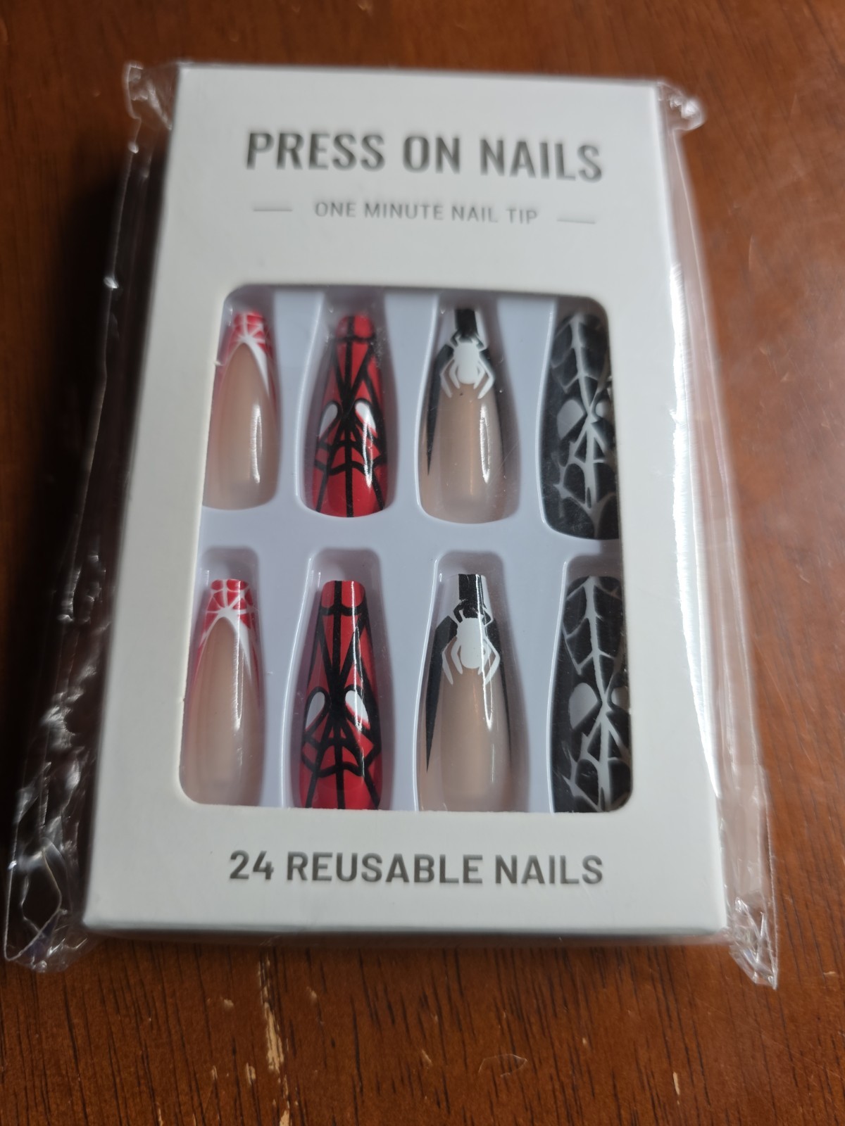 Long Coffin Black, White, & Red Spider-Man French Tip Press On Nails GM7