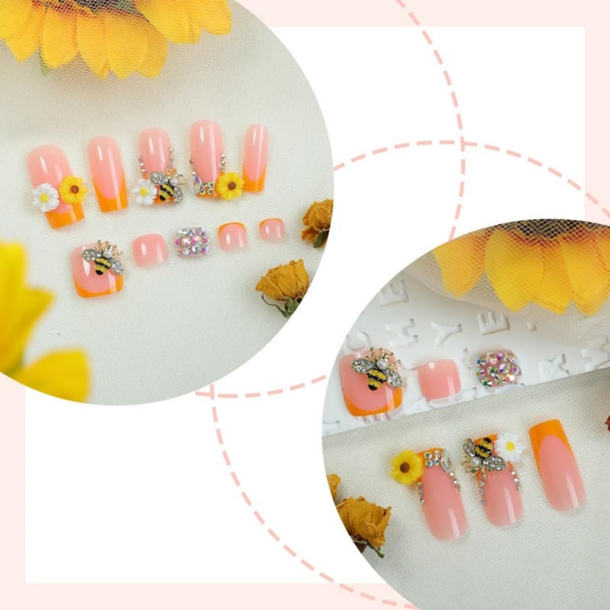 Flower Press on Nails and Toes Matching Set Square Fake Nails Rhinestone Bee …