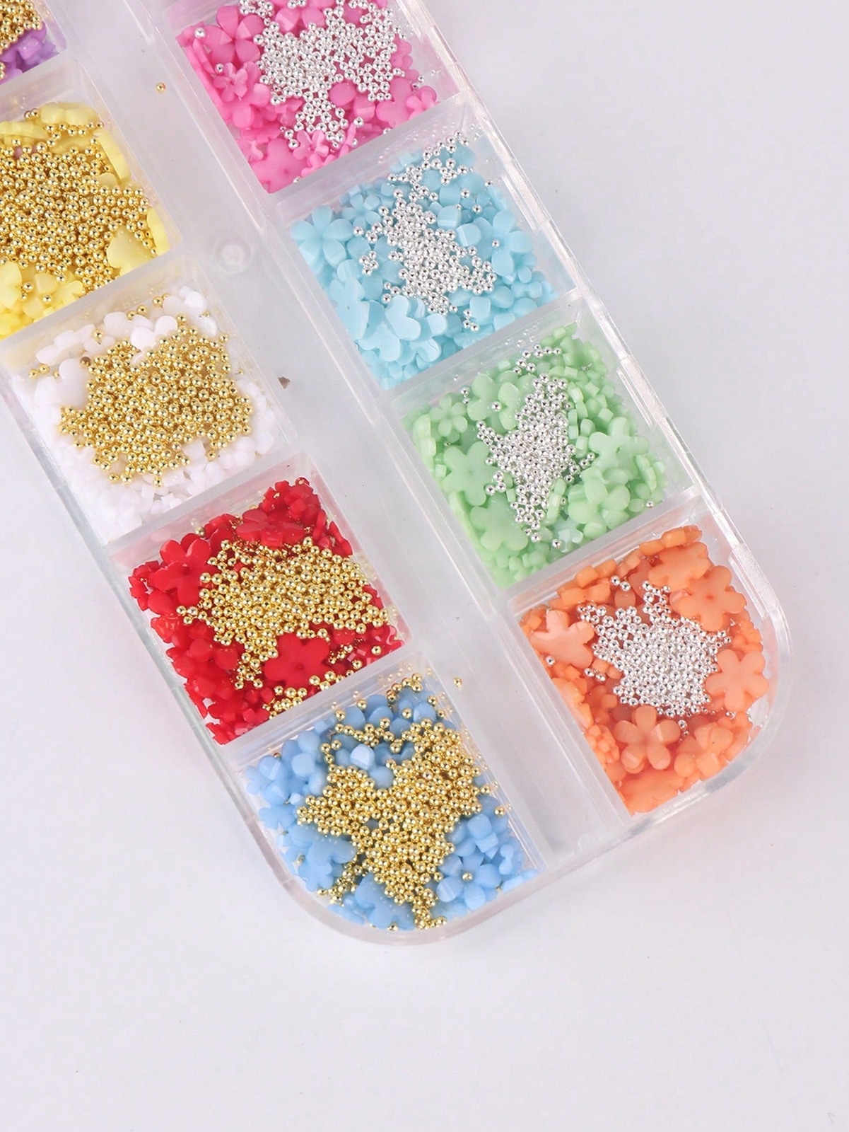 12 Grids 3D Acrylic Flower Nail Art Decoration, Mixed Size Colorful Flower Gold