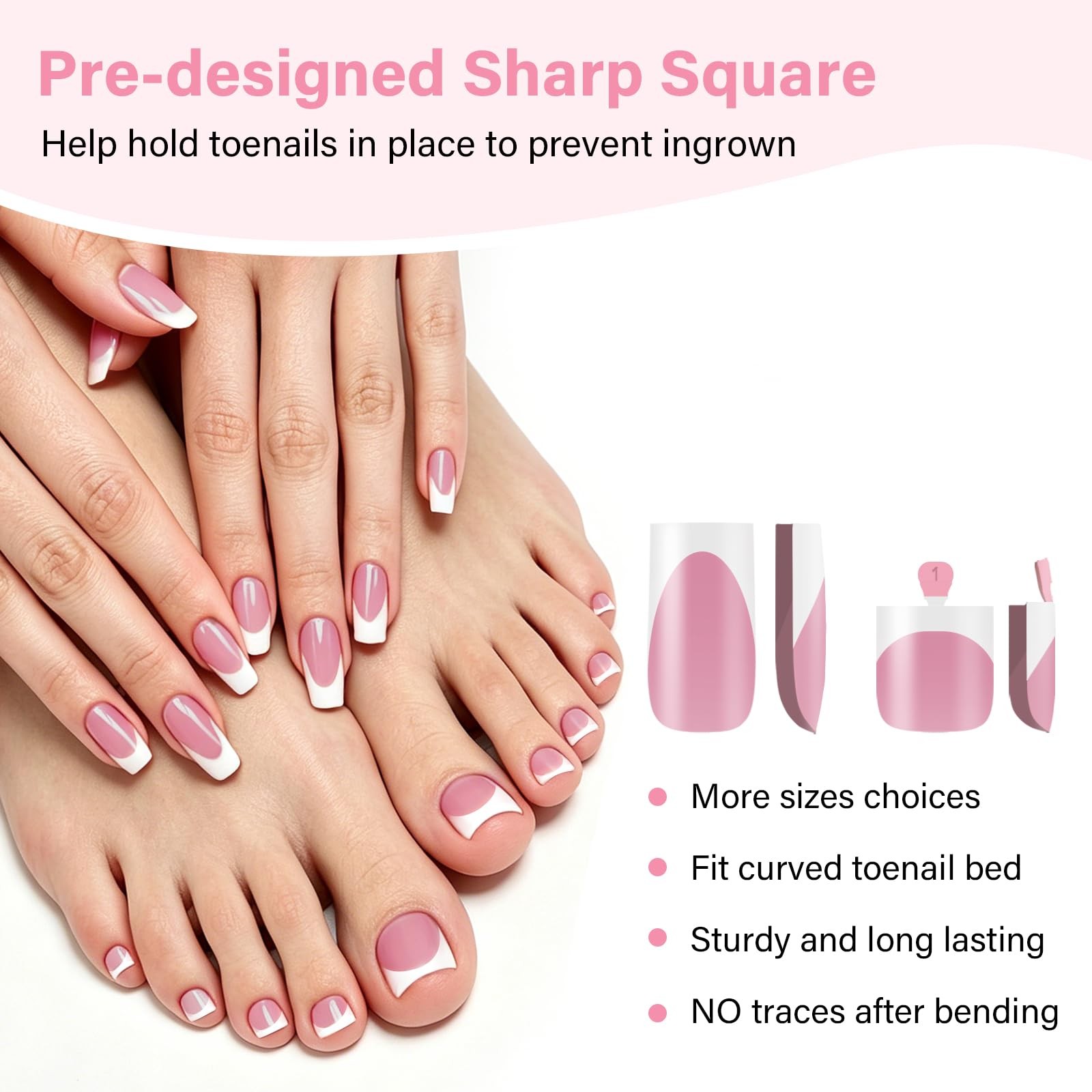 French Toe Nail Tips Set,120Pcs White Pink Full Cover Soft Square Tip Press o…