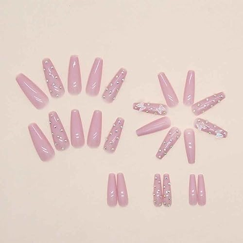 Coffin Press on Nails Long, Pink Fake Nails Acrylic Crystal False Nails 9