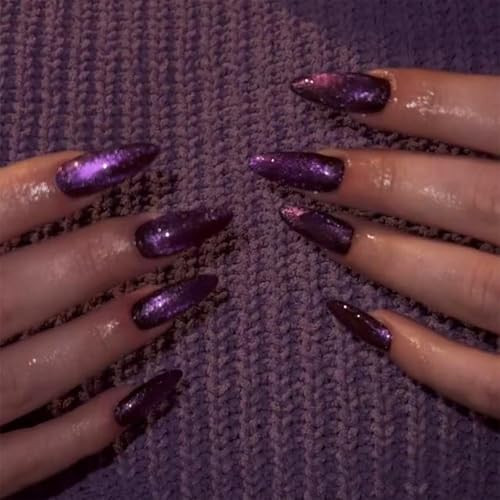 Purple Press on Nails Medium Almond Fake Nails Cat Eye R-06Purple Cat Eye