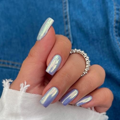 Mirror Metal Light Blue Press on Nails Medium Short Square Square Light Blue