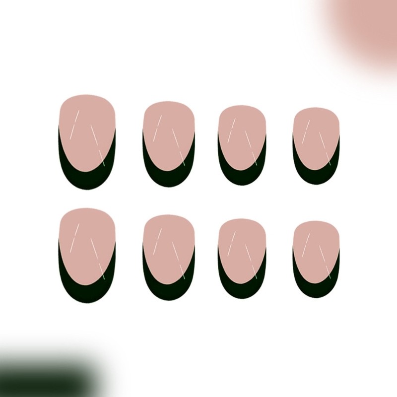 Green Black Press On Nail French Tip Almond False Nail Glues on Nail for Womens