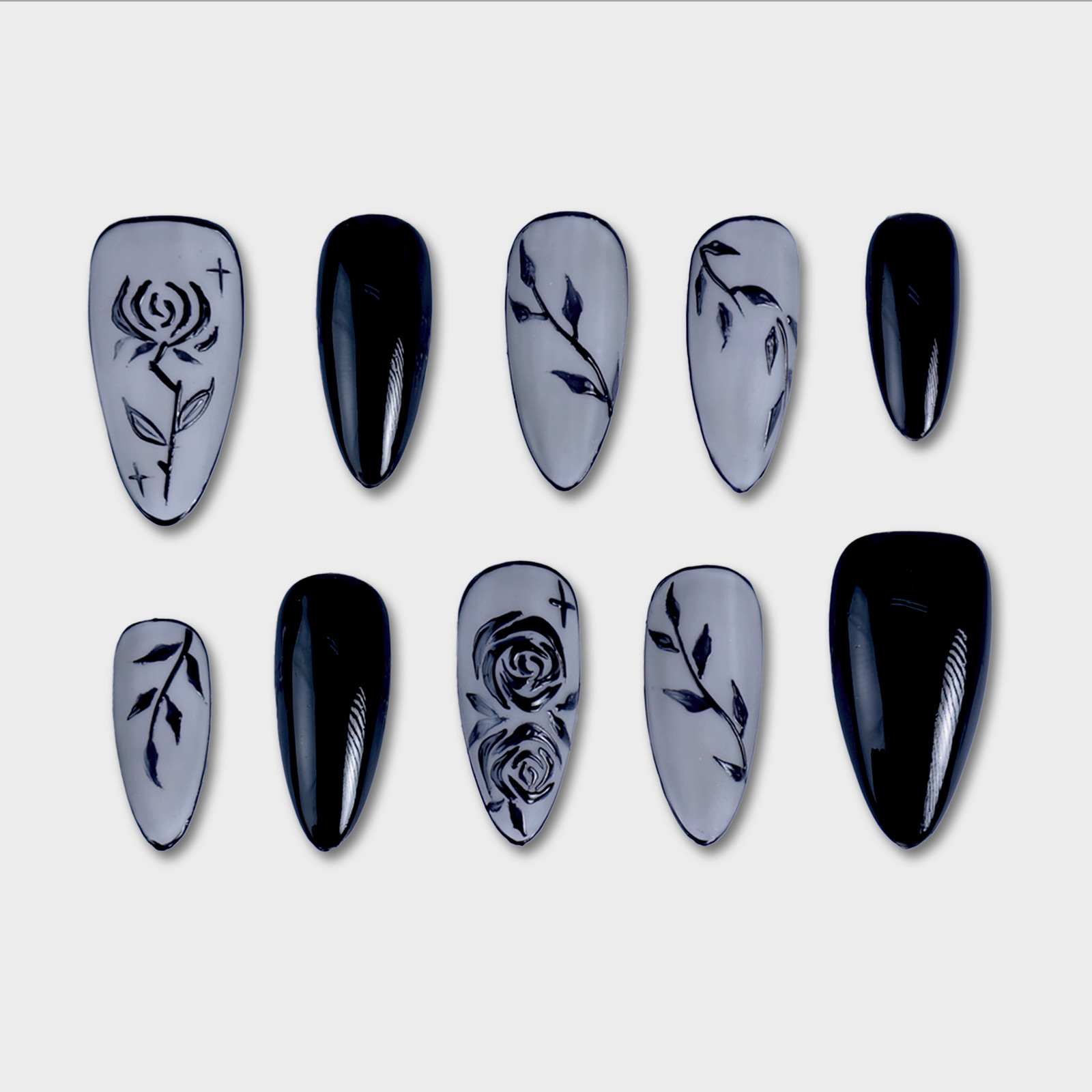 SIYOU Midnight Rose Almond Black Star Matte Press-On Nails 10pc