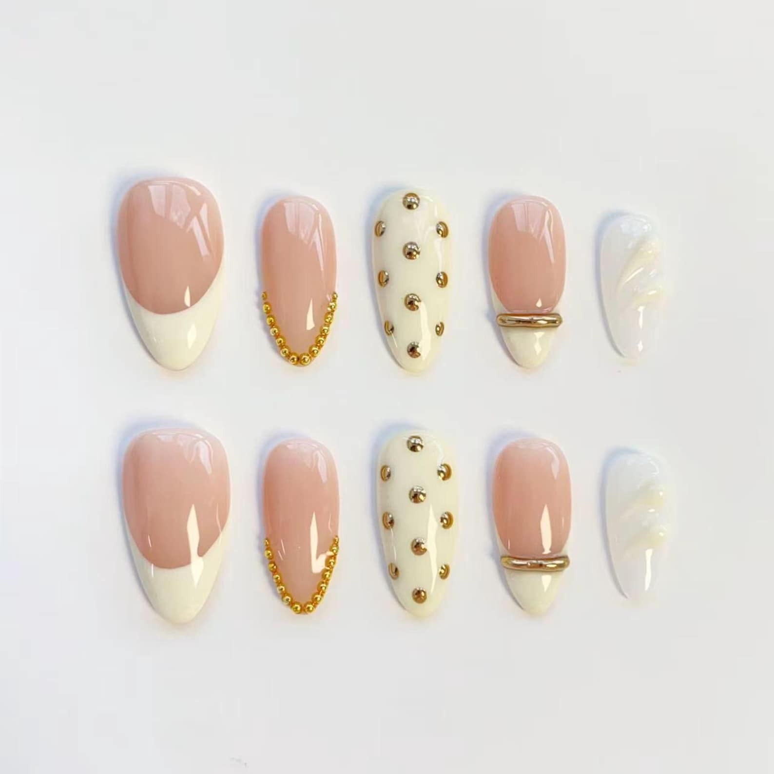 Handmade Nude White French Gold Bead Chain Medium Almond Press on Nails
