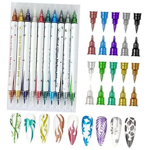 10 Colors Double Ended Metallic Nail Art Marker Pens, 3D Metallic 10 colors