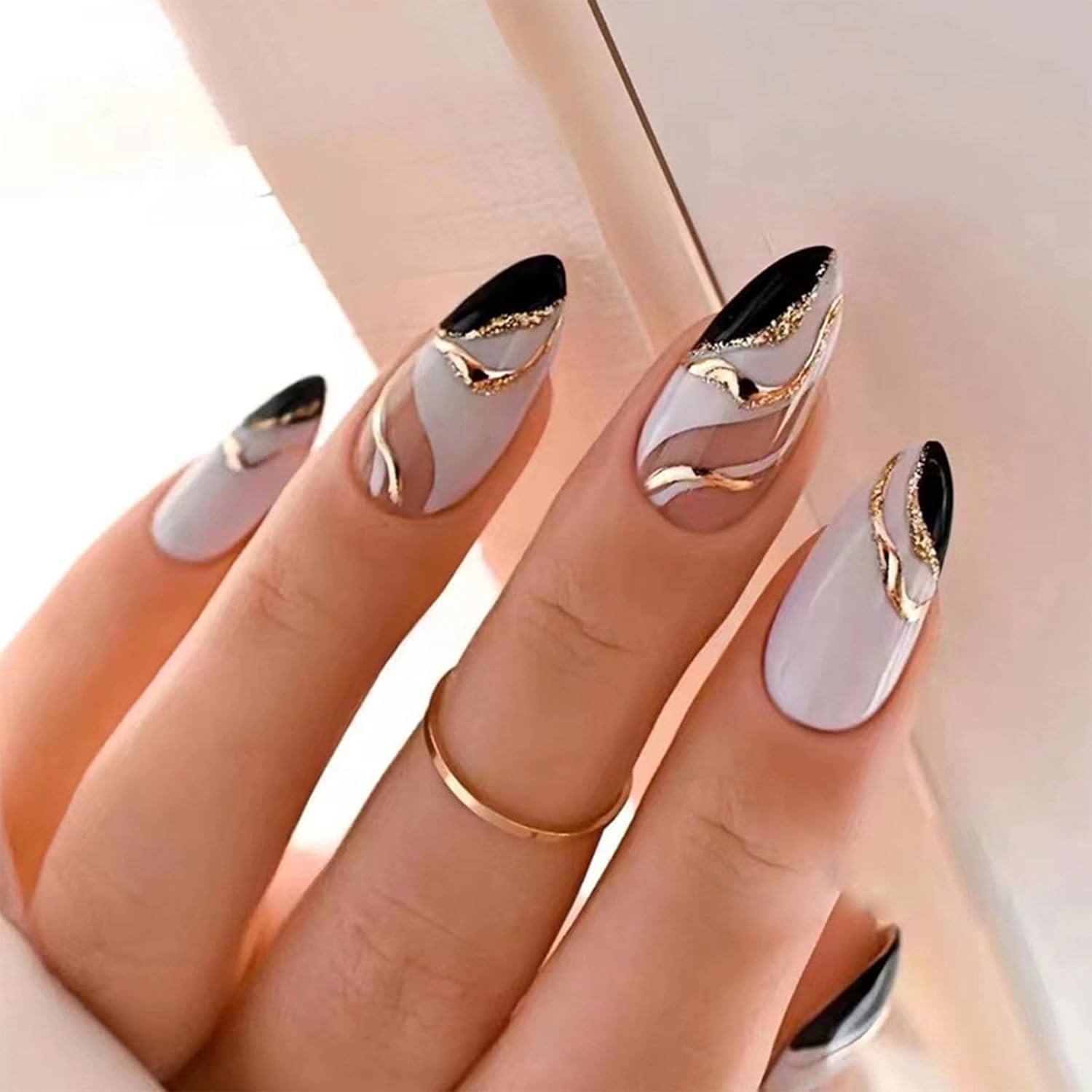 24Pcs Chrome Almond Press On Nails Medium Glossy Fake Nails with Glue Tabs
