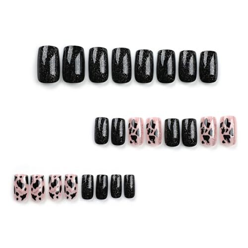 Black Press on Nails Square 24Pcs Glossy Full Cover Medium Acrylic Square