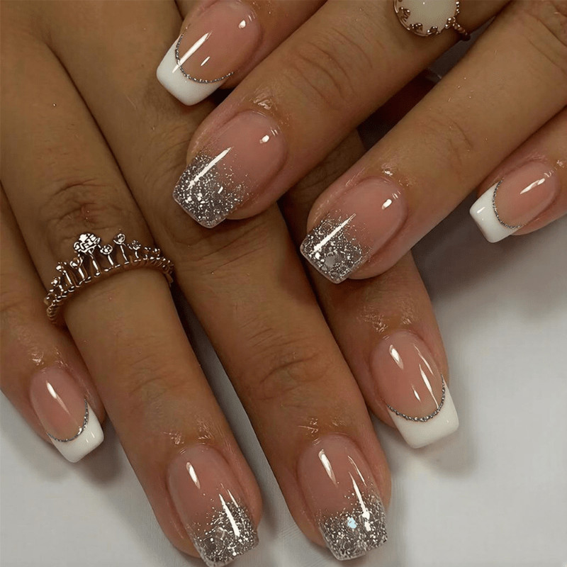 48pcs Short Square Press on Nails, Nude White French Silver Glitter Ombre Nails