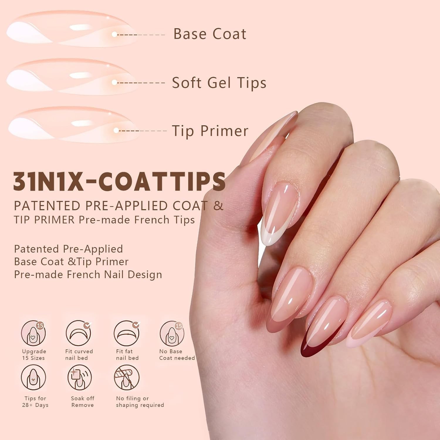 French Tips Kit 150/240 Piece 15 Sizes 3 in 1 Soft Gel Soak Off Nail Extensions