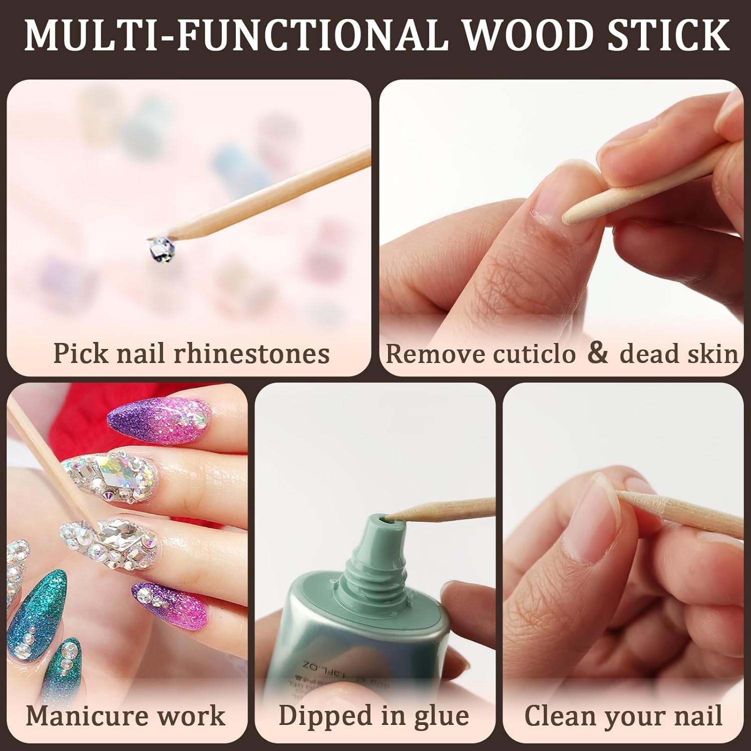 Oran Wood Nail Stis, 4.5-Inch Double Sided Cuticle Pusher and Remover,