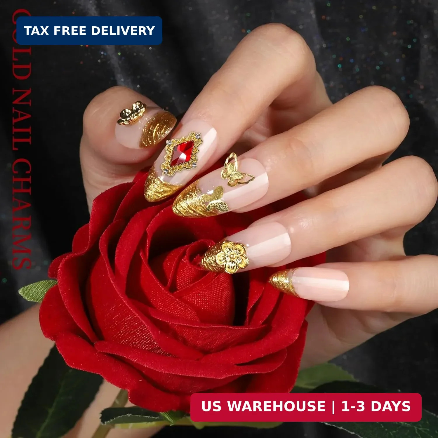 Teenitor Gold Nail Charms with Flatback Nail Pearls, 3D Nail Charms and Gems for