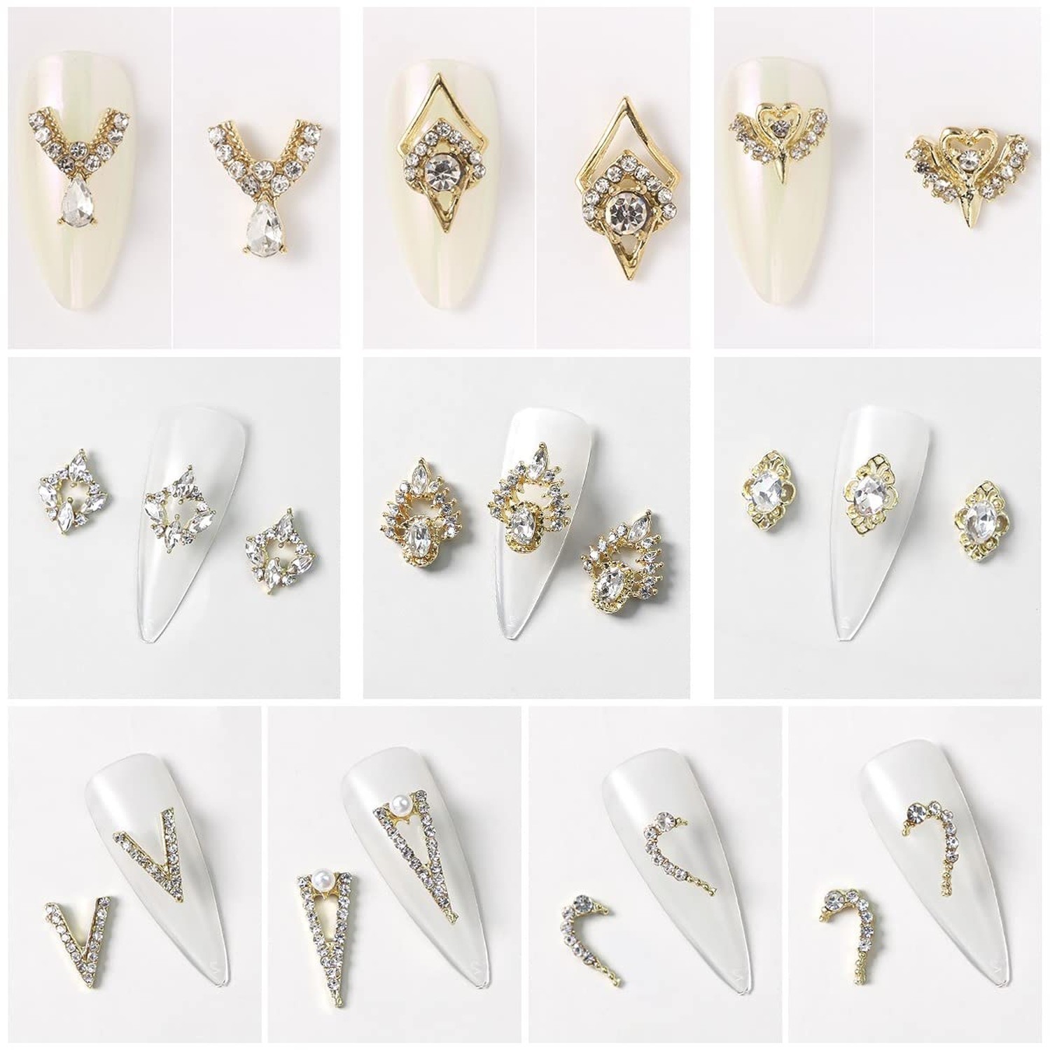 12 Pair 3D Alloy Gold Nail Art Rhinestones – Heart Shaped Nail Charms, Golden…