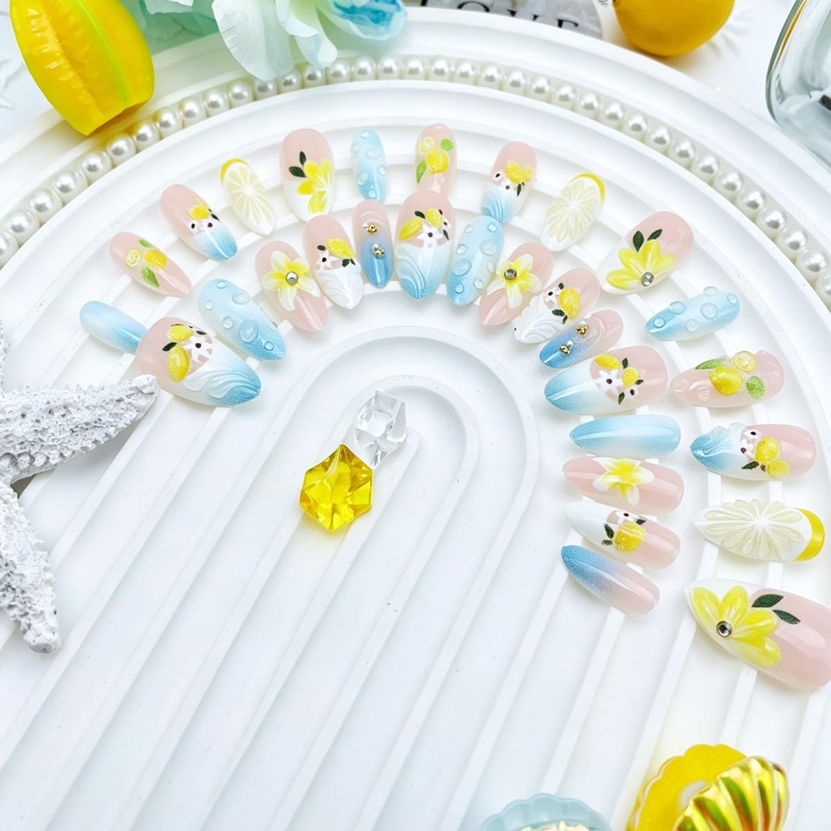 BUNLVDI Lemon Flower Nails Medium Almond 30Pcs
