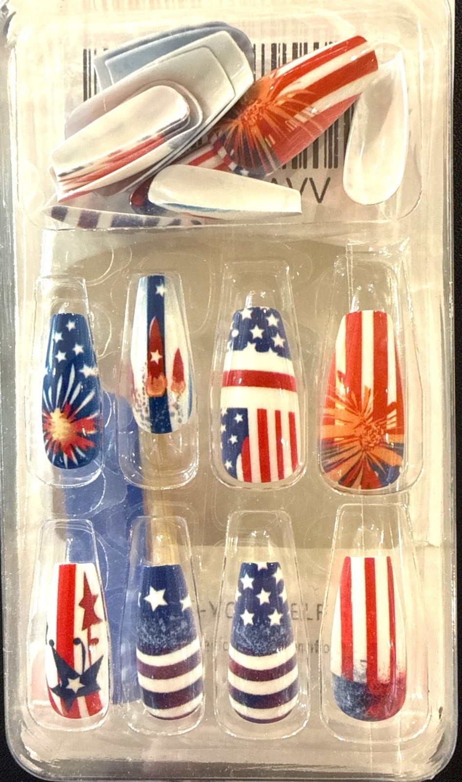 4th Of July Long Coffin Nails 24pc Red White Blue Stars Stripes Fireworks Flags