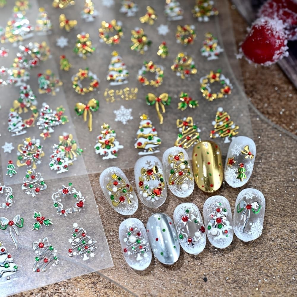 Christmas Nail Stickers 5D Embossed Metallic Silver Nail Decals Adhesive Garl…