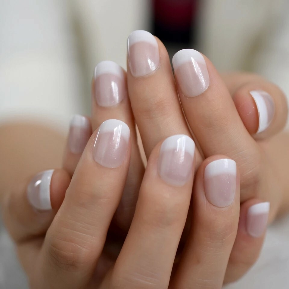Ombre French White Tip Gradient Short Press On Nails Wit Glue Pink nude natural
