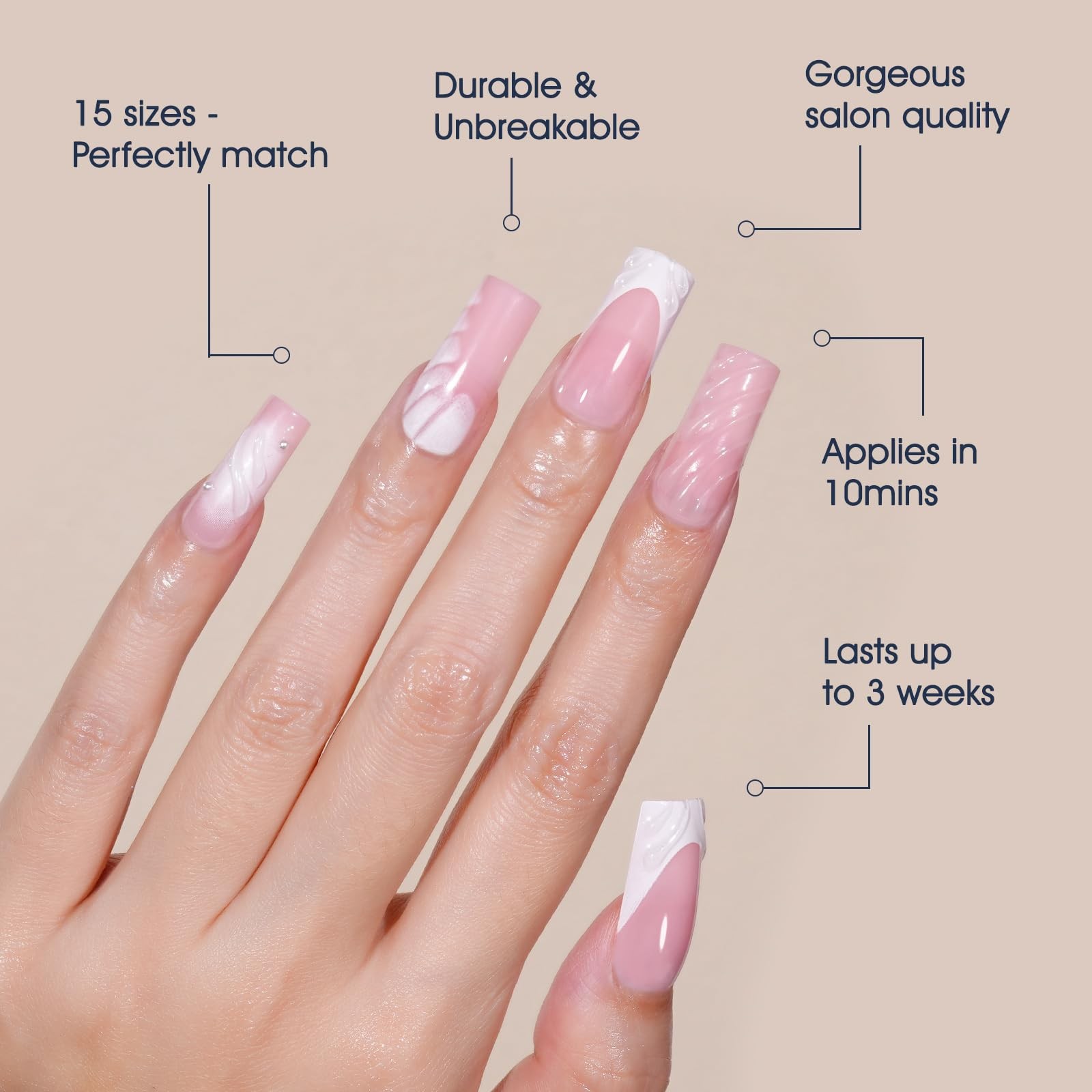 Press on Nails Medium Long Rhinestone Pearl Pink Ombre Fake Nails Square Glos…