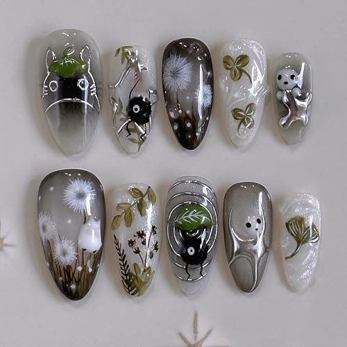 24pc Medium Almond Stiletto Black Gothic Press On Nails Glue On Fake Nails