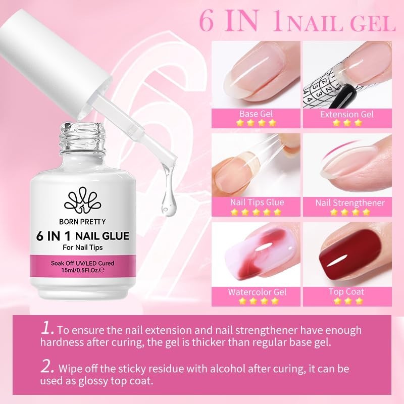 Born Pretty Nail Glue for Tips, 6 in 1 Gel 6 1 Tips