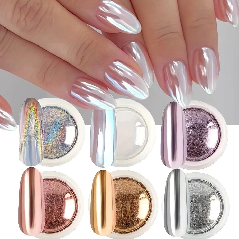 6PCS Chrome Mirror Nail Powder Set Gold Silver Holographic Aurora Pigment