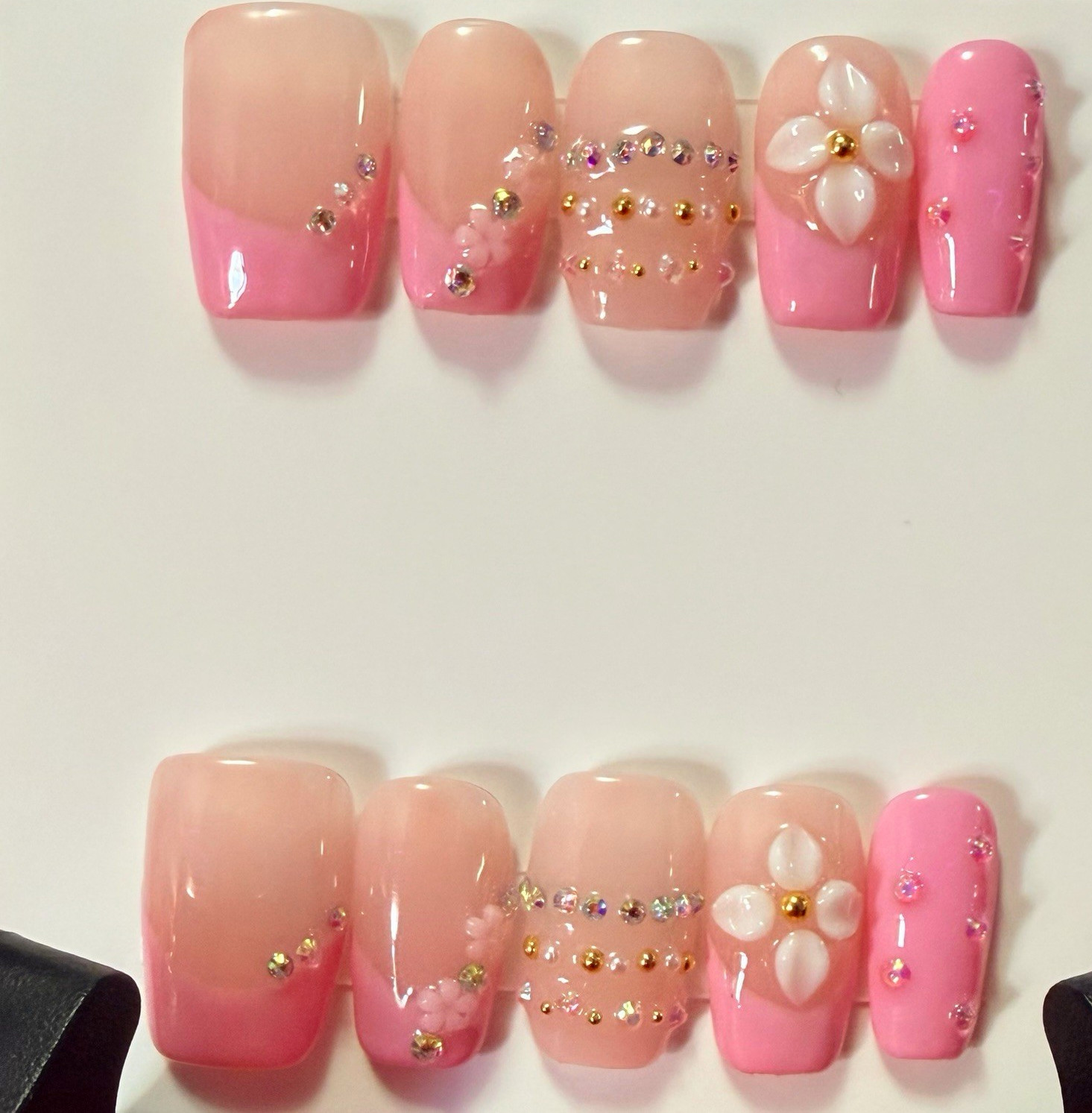 Pink Ombre Full Cover Square Artificial Nails 3D Flower Nail Art