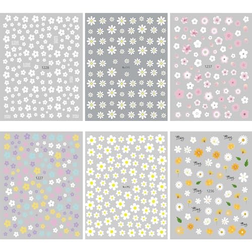 Flower Nail Art Stickers, Floral Daisy Nail Decals 3D Self-Adhesive White Daisy