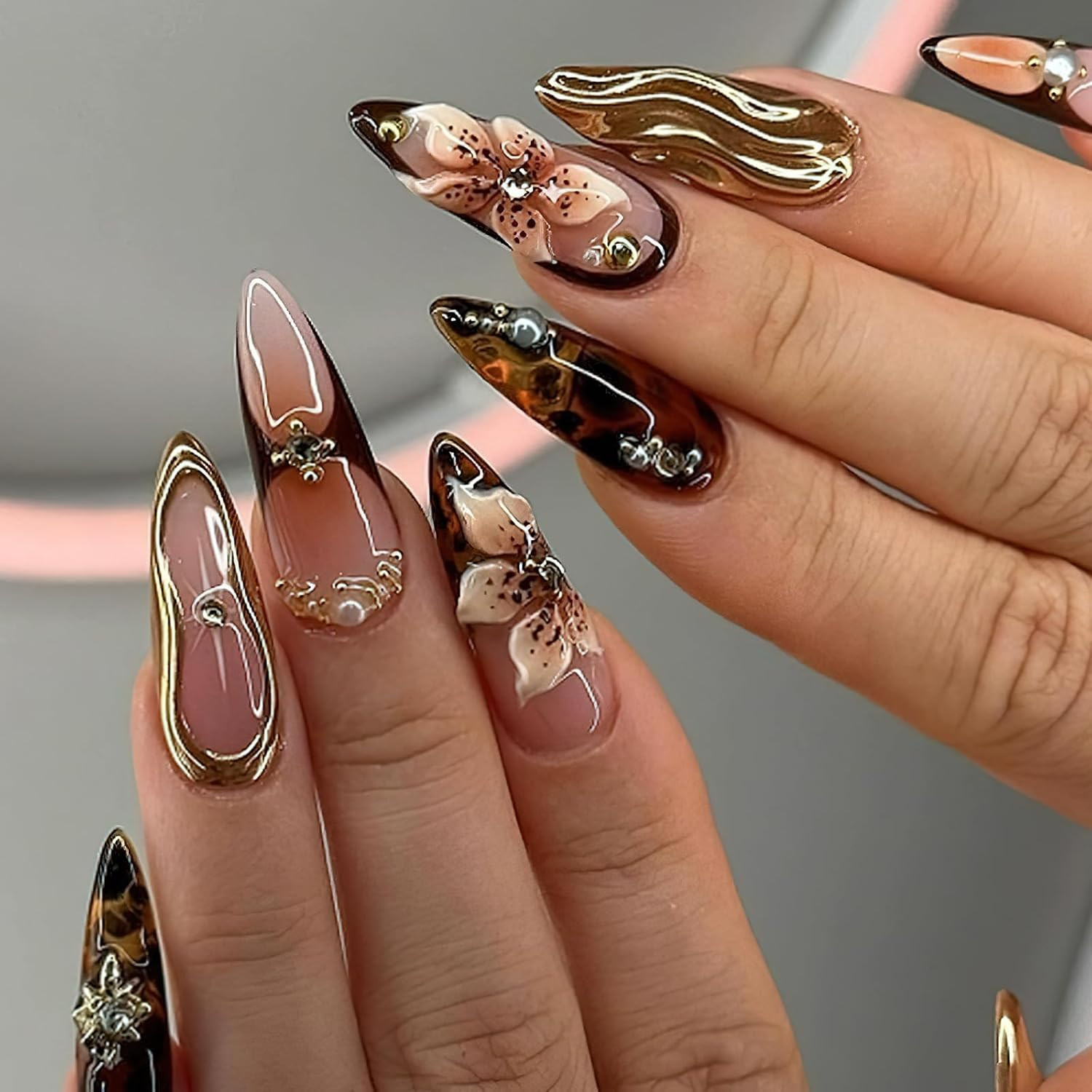 Brown Press on Nails Long Almond Fake Nails with Rhinestones Designs 3D Gold Tex