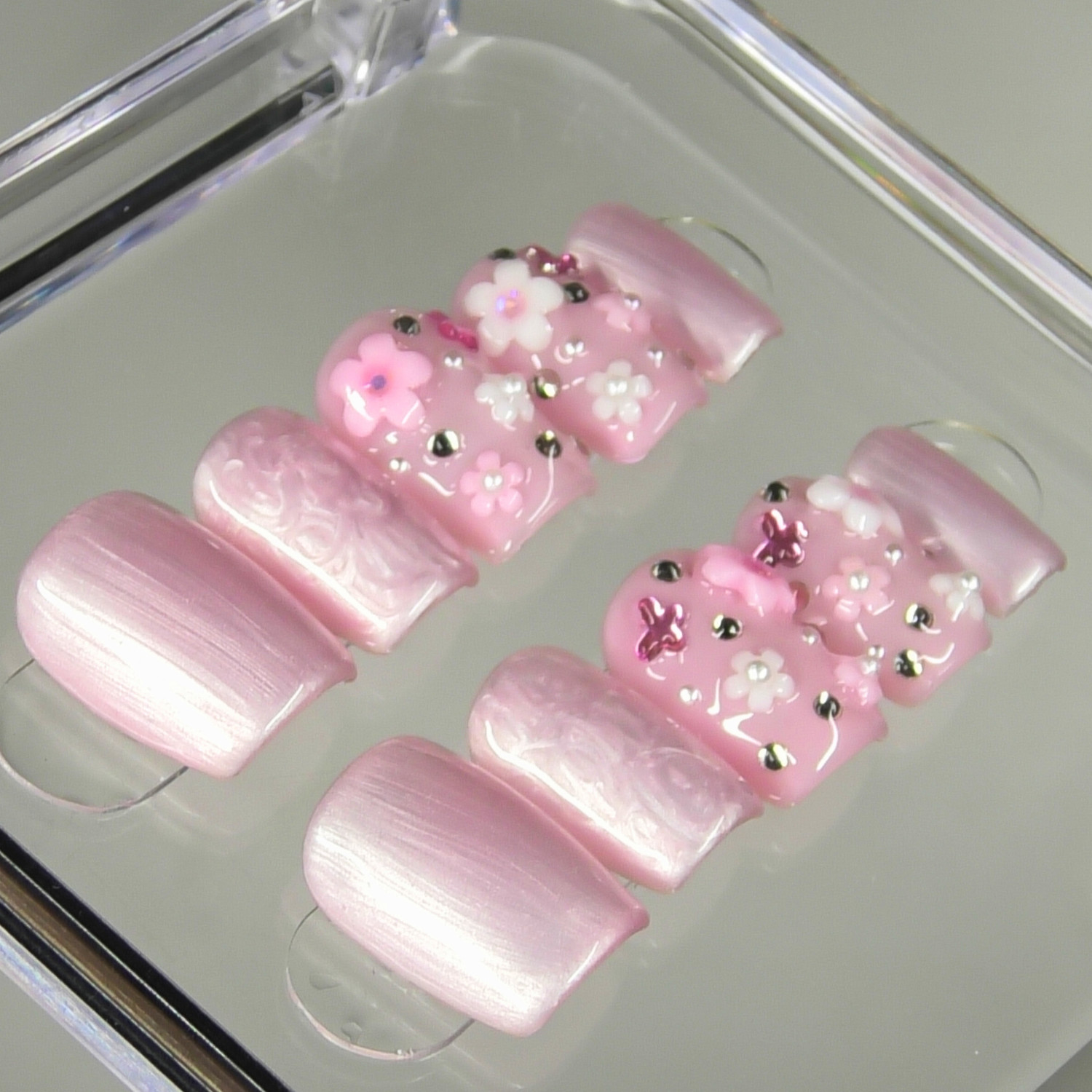 Press On Nails Handmade, Extra Short Coffin, Size Large, Pearl Floral Butterfly