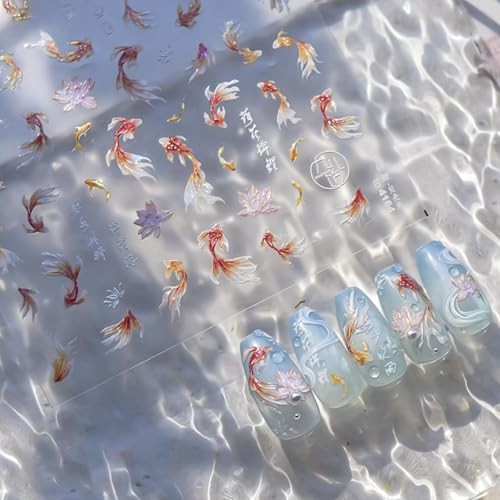 5D Embossed Nail Stickers for Nail Art Koi Fish & Lotus Leaf Design Nail Gold-1