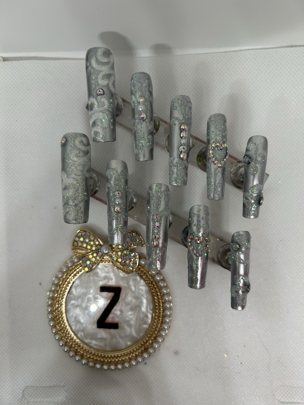 Z. NAILZ! Handmade XXL Square Silver Bling Wedding Or Anniversary Press On Nails