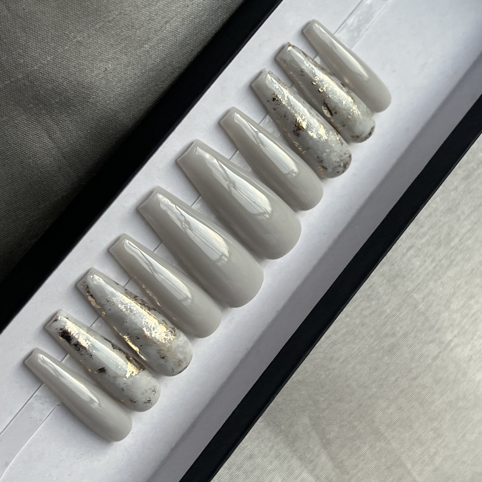 🔥CUSTOM Gel Press On False Nails, Sheer Light Grey GOLD flakes, 10p W FULL KIT