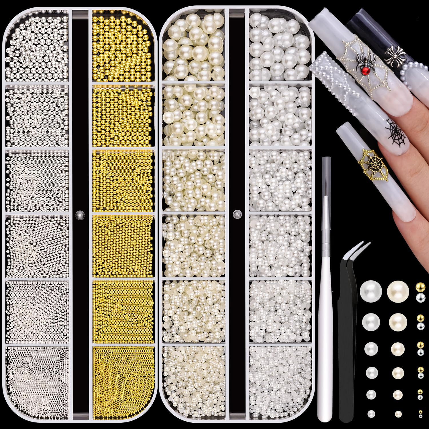 Silver Gold Nail Beads and Flatback Pearls for Nails Beige White Nail Pearl | Lu