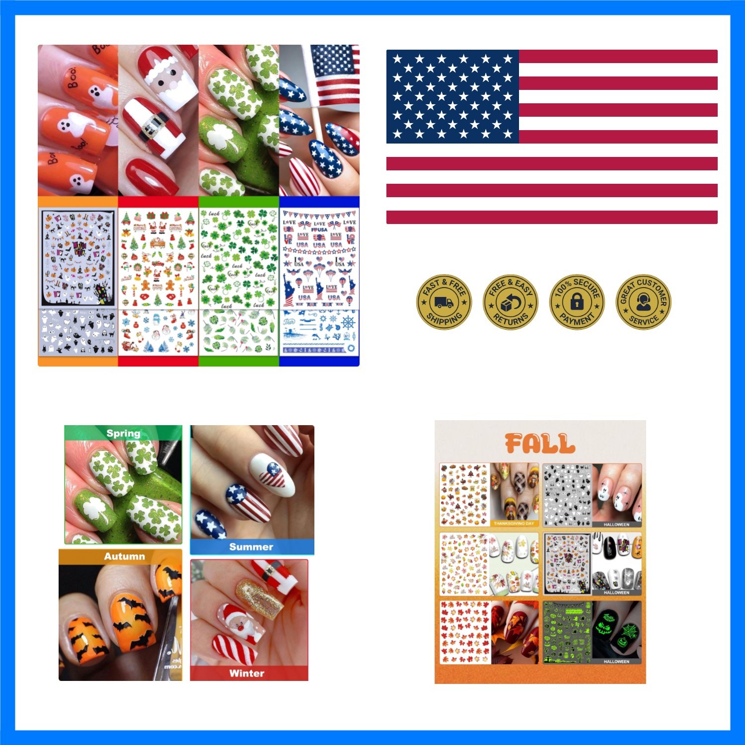 24 Sheets Seasonal Nail Art Stickers, Four Season Variety Pack All Holiday Na…