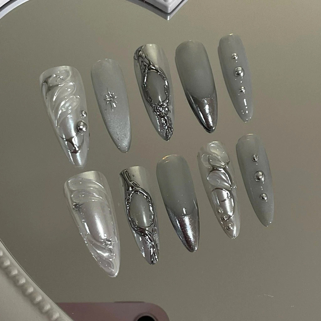 Gel nails, pre-made false nails, handmade, durable, Pearl white. 1 set