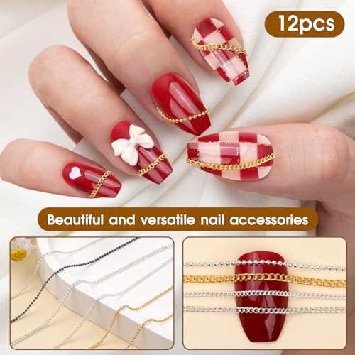 Hariendny 12 Strips Nail Chain Charms, Metal Nail Art Chains, 3D Gold Silver