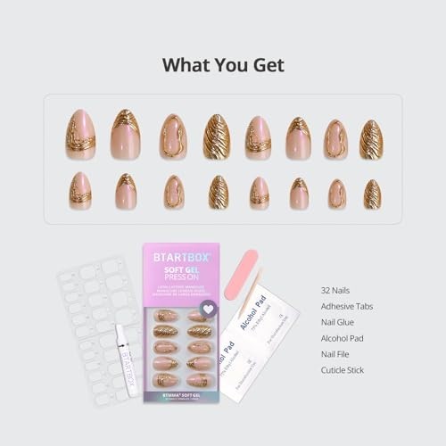3D Gold Sculpting Almond Press On Nails – Short Opaque Gel Kit, 32 Pieces, 16 Si