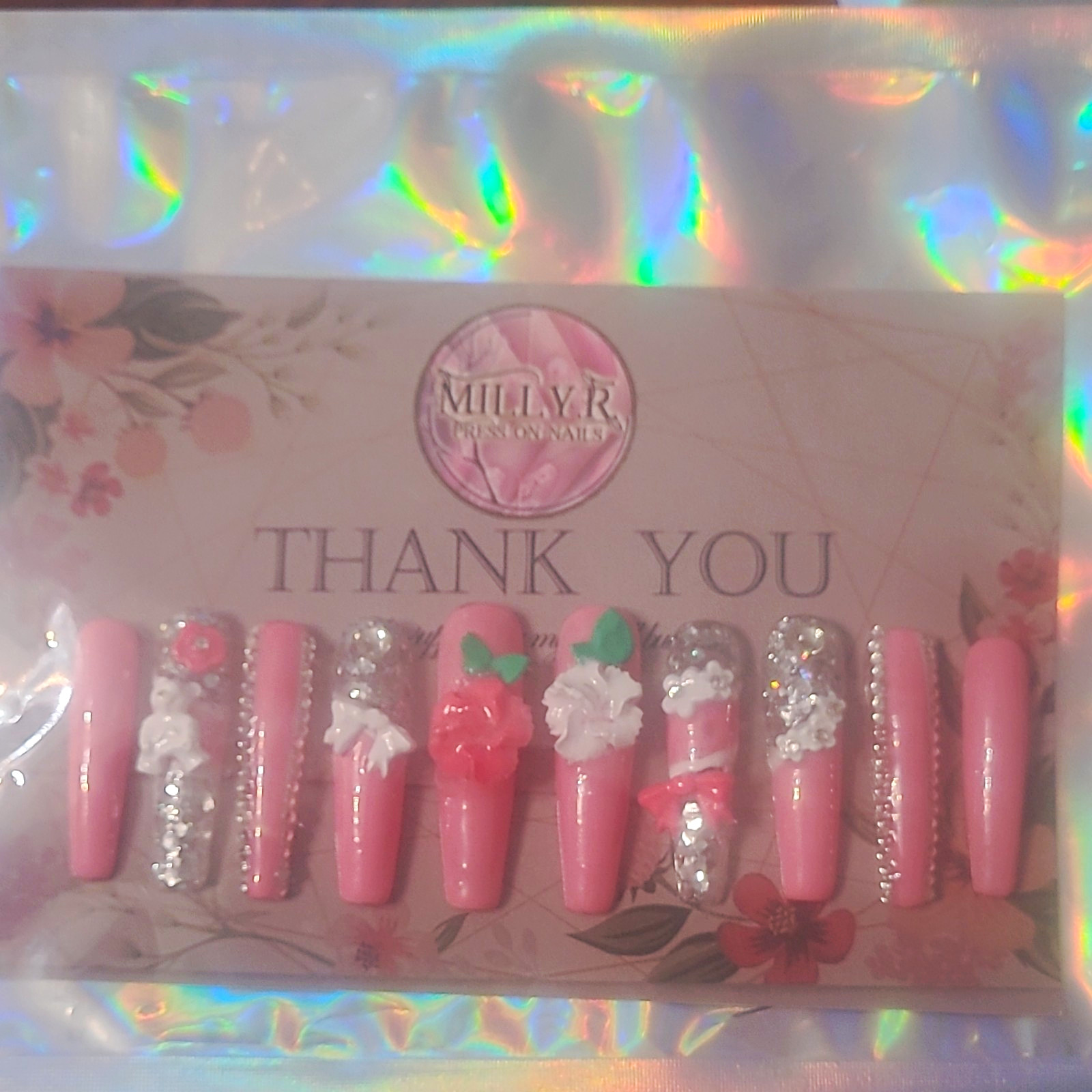 MILLYR Handmade Pre-Designed Acrylic Press-On Nails Long Coffin Glitter Flowers