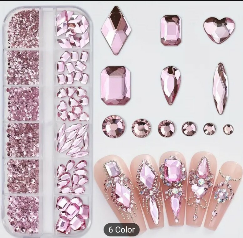 12 Grids, 3-D Multi-Shaped Glass Nail Art Crystal Nail Art Gems Pink