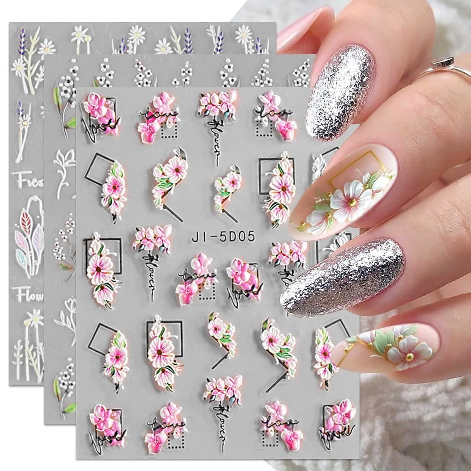 3D Embossed Flower & Leaves Nail Art Stickers Set – 4 Self-Adhesive Sheets