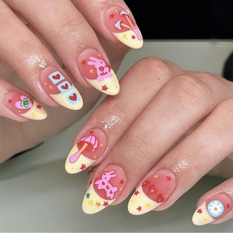 48 Cartoon Rabbits and Heart-shaped Medium Almond Length, Removable Fake Nail