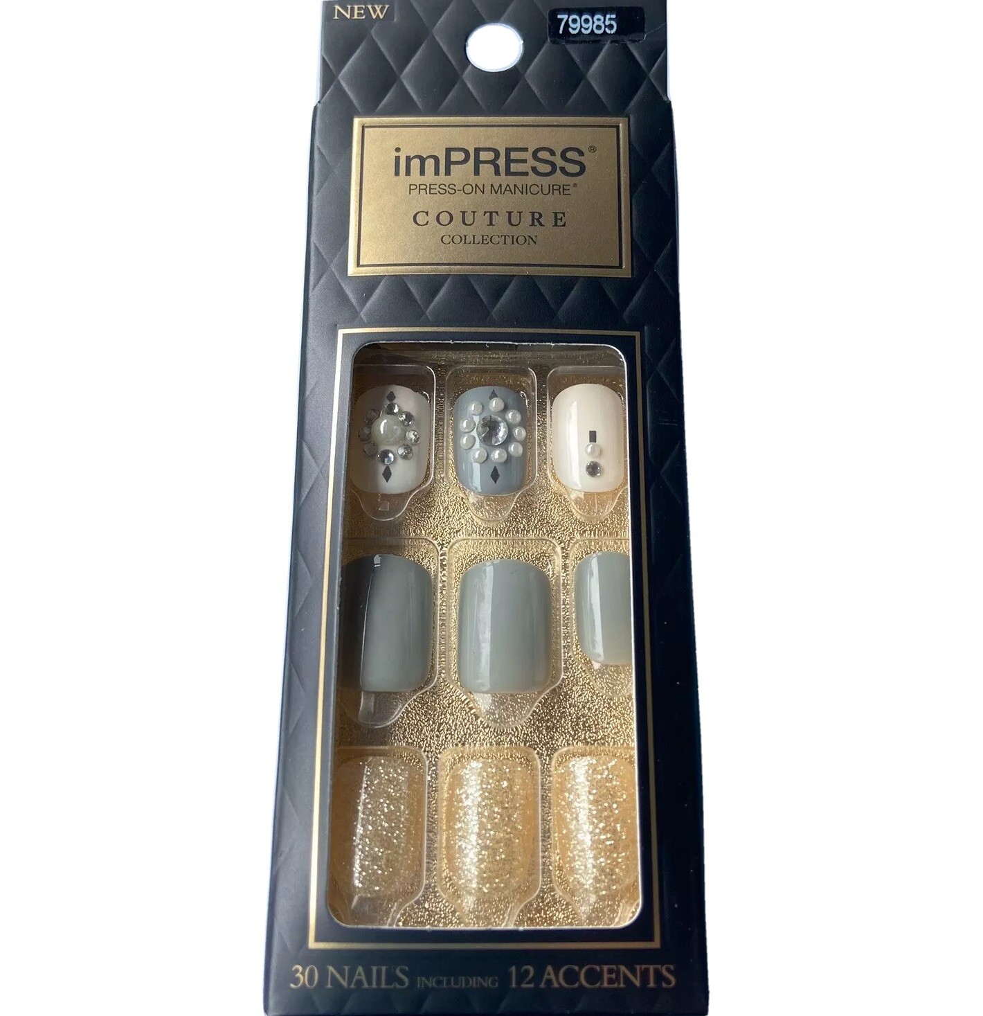 NEW Kiss Nails Impress Press On Manicure Short Gel Gray White Glitter Couture