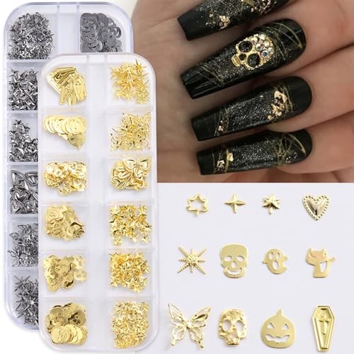 Metal Halloween Nail Charms for Nails Art 3D Gold Silver Skull Ghost Nail