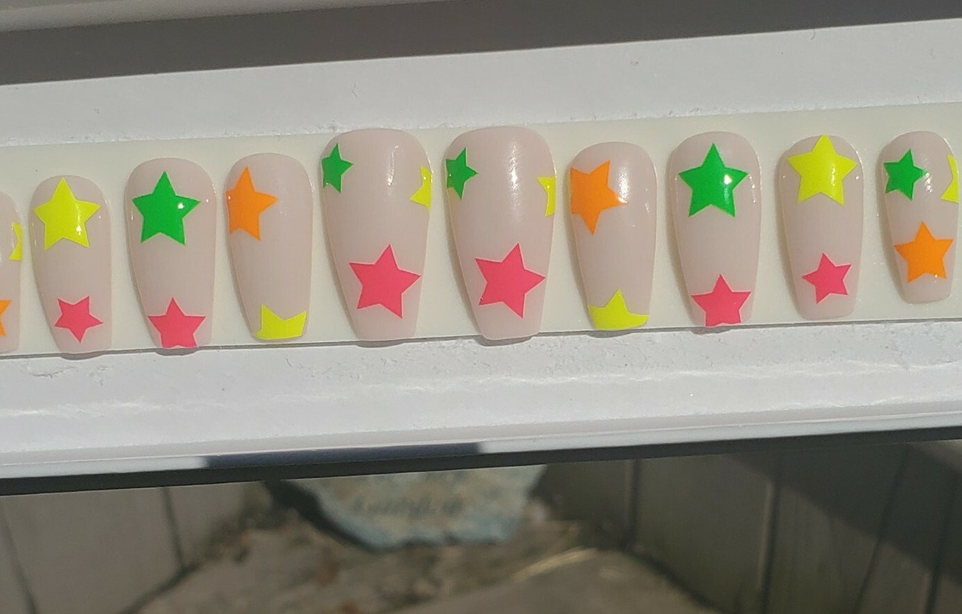 Nude & Neon star nails pink yellow orange green press on nails short coffin