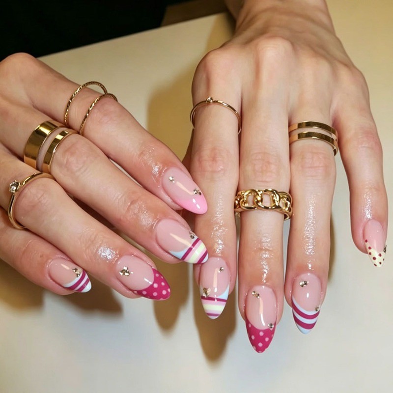 72pcs-Pink Press on Nails Almond French Tip Polka Dot Stripes Rhinestone Accents
