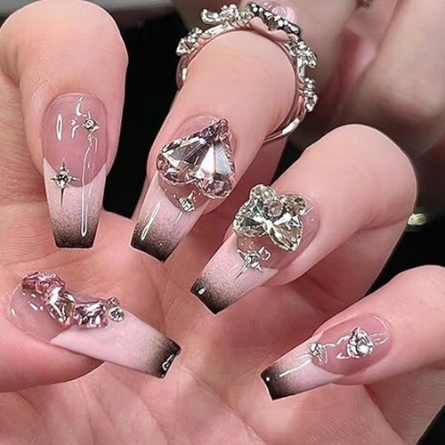 10 Piece 3D Reusable Handmade Press On Nails Set Luxury Diamonds Heart