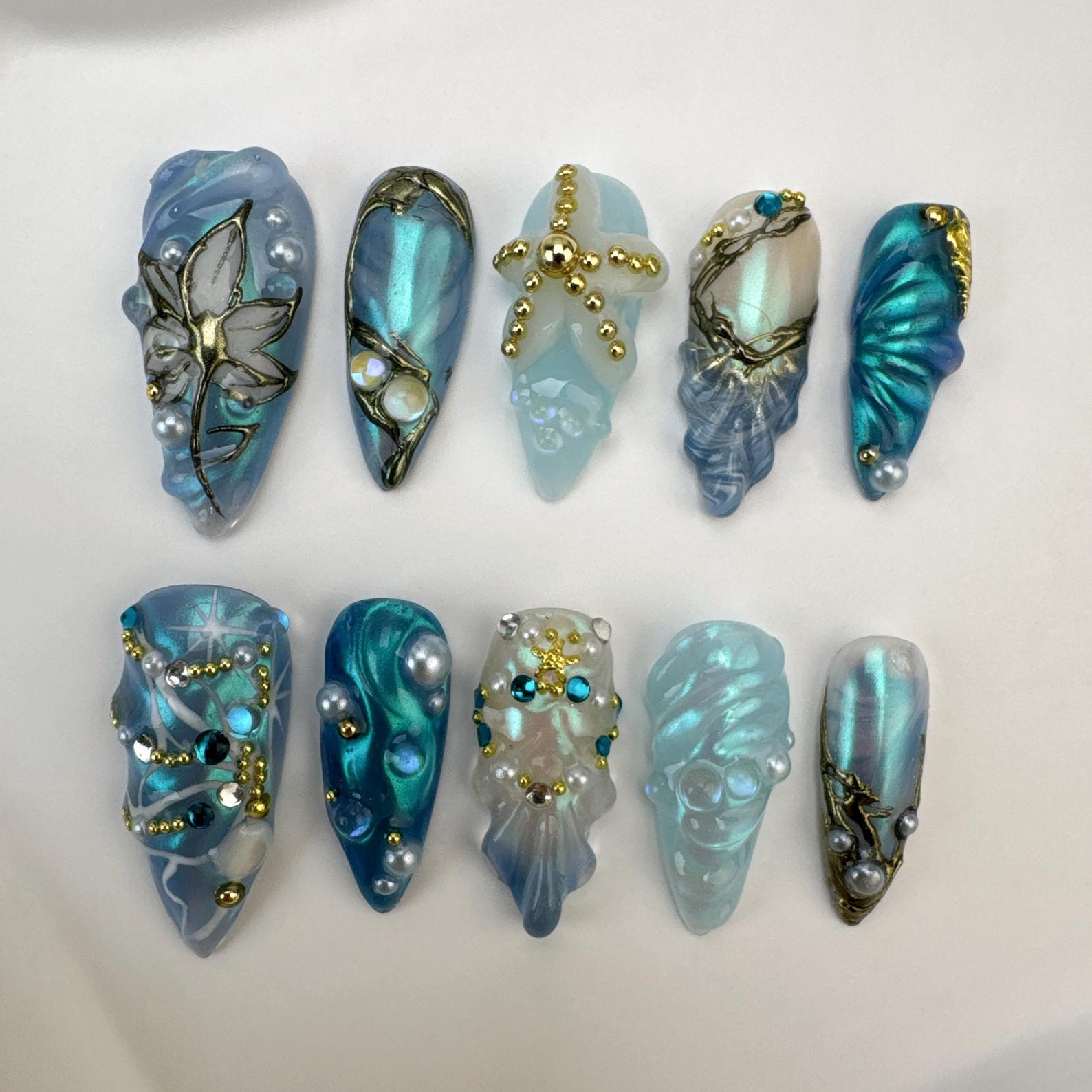 Handmade Teal Cat Eye 3D Wing Star Gold Wire Pearl Long Almond Press on Nails